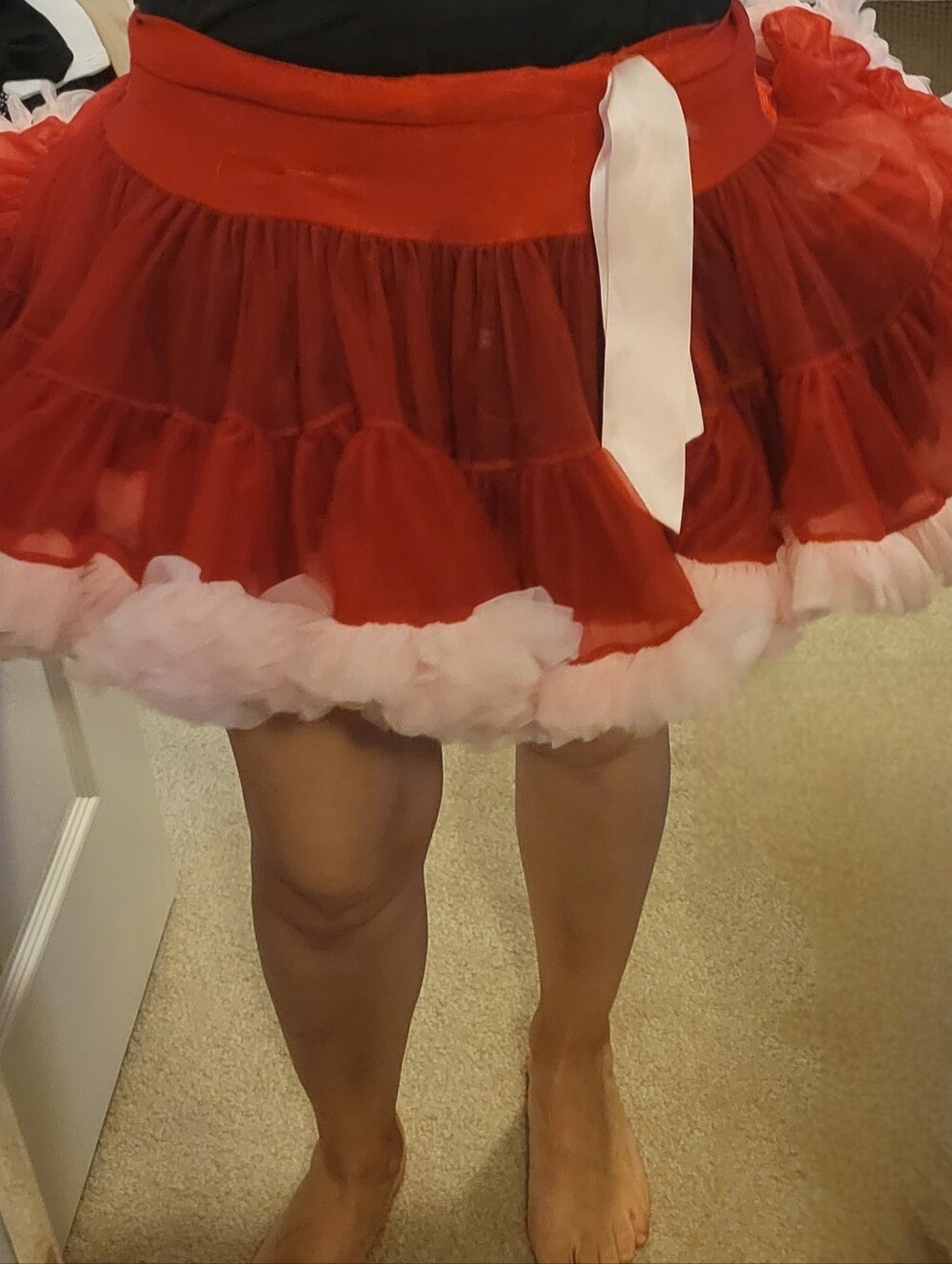 Girls Red Ruffled Tulle Skirt  with Pink Trim